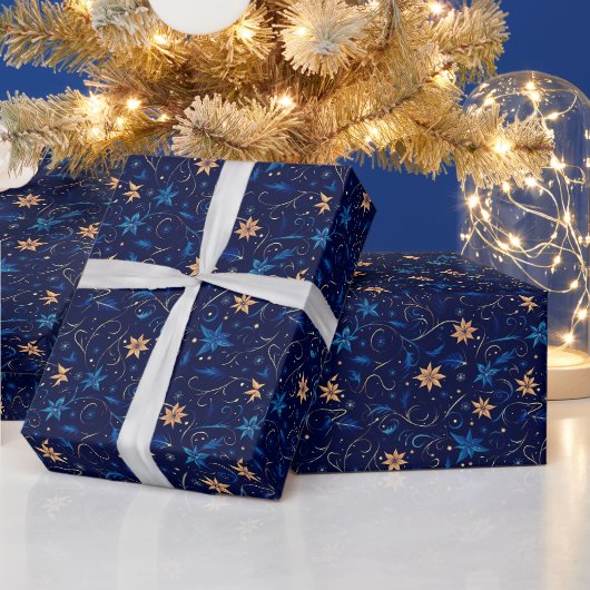 つる植物花植物性オレンジブルークリスマス ラッピングペーパー (クリスマス)