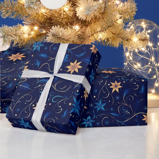 つる植物花植物性オレンジブルークリスマス ラッピングペーパー (クリスマス)