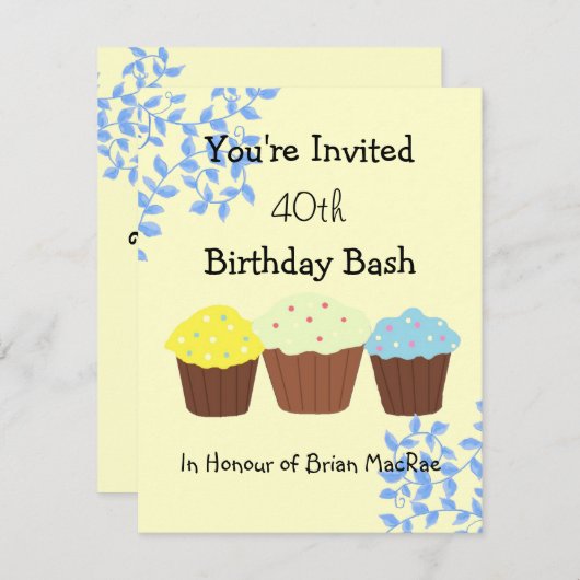 つる植物&カップケーキ誕生日招待状 招待状 (正面/裏面)