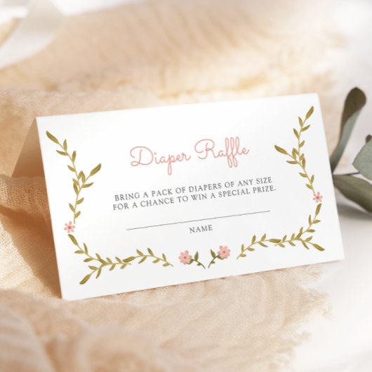 つる植物&ピンクフローラ赤ちゃんシャワーおむつラッフル エンクロージャーカード