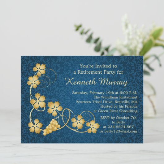 つる植物、青いダマスク織の退職パーティーの陸軍少佐の階級章 招待状 (スタンド正面)