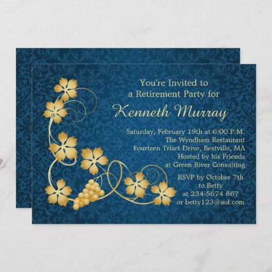 つる植物、青いダマスク織の退職パーティーの陸軍少佐の階級章 招待状 (正面/裏面)