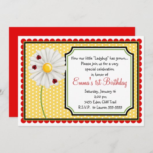 てんとう虫およびデイジーの誕生日の招待状 招待状 (正面/裏面)