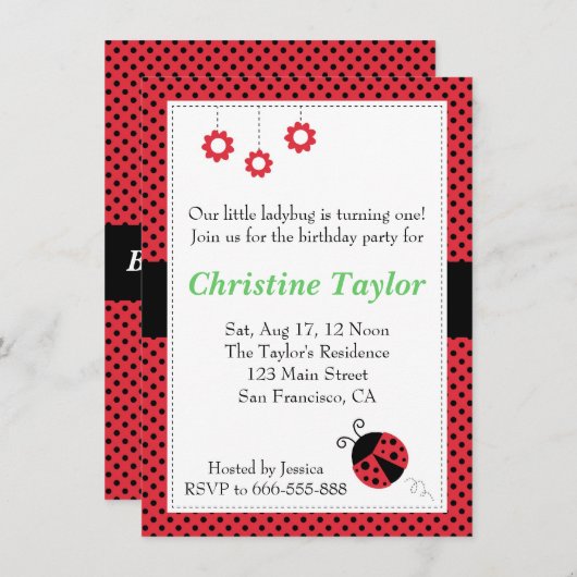 てんとう虫および水玉模様の誕生会 招待状 (正面/裏面)