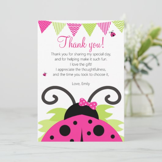 てんとう虫のショッキングピンクのパーティーのサンキューカード サンキューカード (スタンド正面)