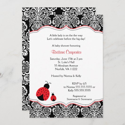 てんとう虫のダマスク織のベビーシャワー|の誕生会の招待 招待状 (正面/裏面)