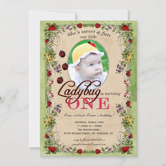 てんとう虫のパーティの招待状-写真、1歳 招待状 (正面)