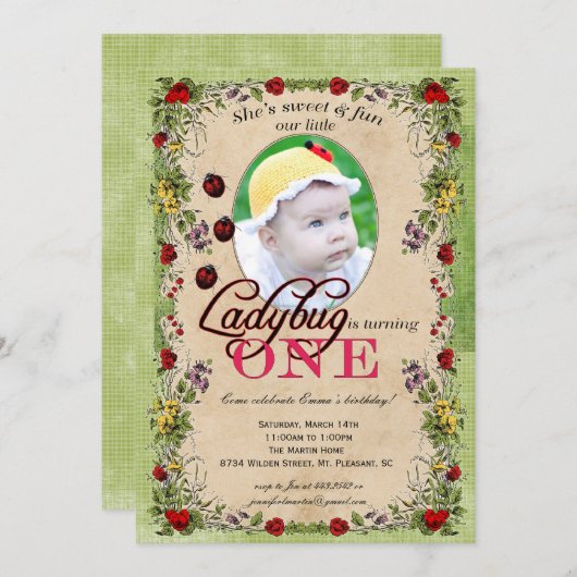てんとう虫のパーティの招待状-写真、1歳 招待状 (正面/裏面)