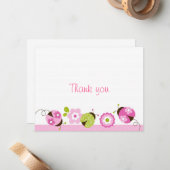 てんとう虫のピンクの緑の花はメッセージカード感謝していしています ノートカード (正面/裏面インサイチュ)