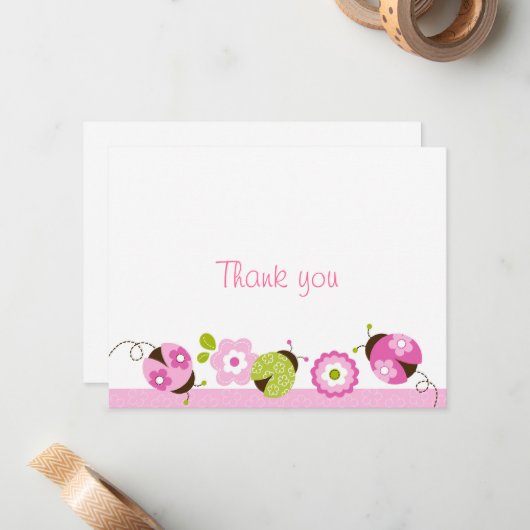 てんとう虫のピンクの緑の花はメッセージカード感謝していしています ノートカード (正面/裏面インサイチュ)