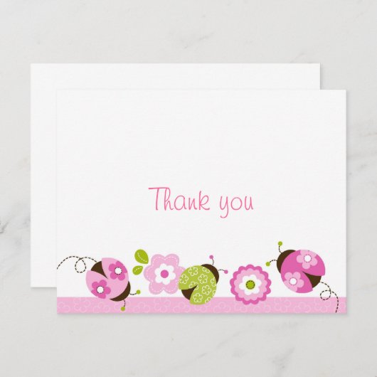 てんとう虫のピンクの緑の花はメッセージカード感謝していしています ノートカード (正面/裏面)