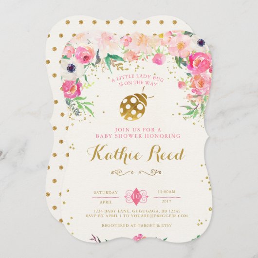 てんとう虫のベビーシャワーの招待状のピンク 招待状 (正面/裏面)