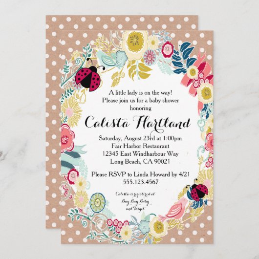 てんとう虫の女の子のベビーシャワーの花柄の招待 招待状 (正面/裏面)