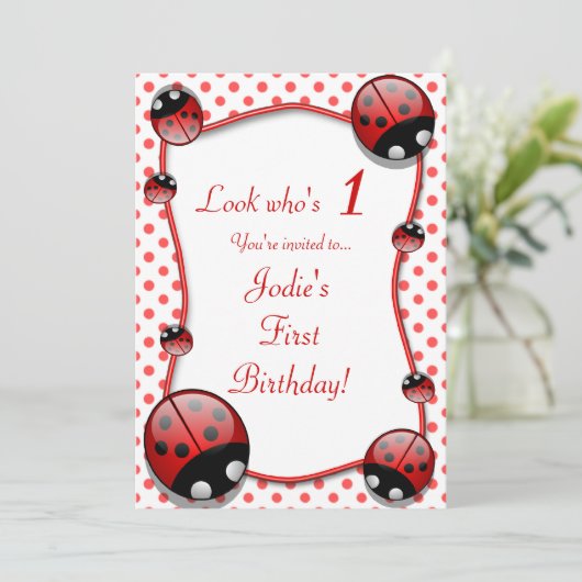 てんとう虫の子供の最初誕生日のパーティの招待状 招待状 (スタンド正面)