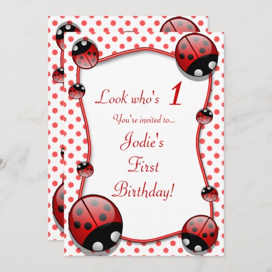 てんとう虫の子供の最初誕生日のパーティの招待状 招待状 (正面/裏面)