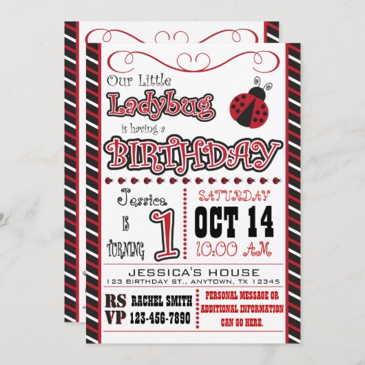 てんとう虫の第1誕生日の招待状 招待状 (正面/裏面)