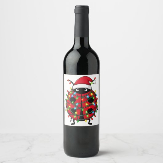 てんとう虫サンタ帽子ホリデー昆虫クリスマス ワインラベル (正面)