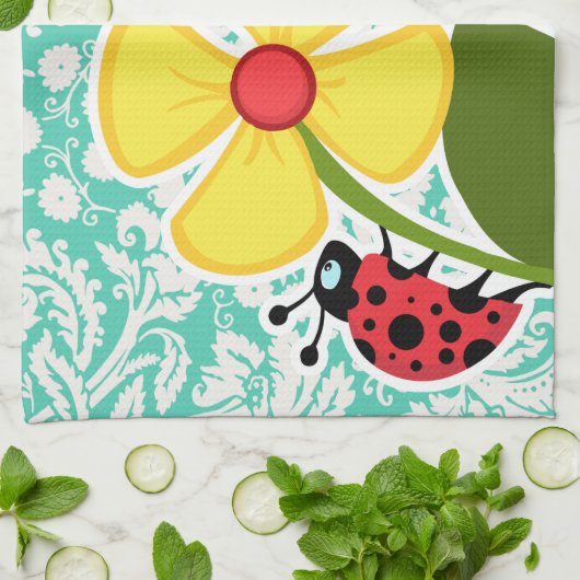 てんとう虫; Seafoamの緑のダマスク織 キッチンタオル (折り畳み)