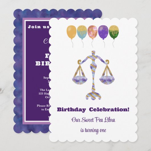 てんびん座の1歳の誕生日 印象派のゴールドラメ 招待状 (正面/裏面)