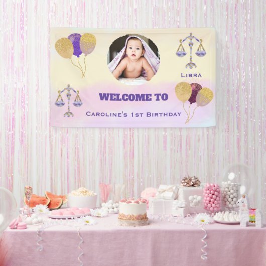 てんびん座 水彩 1歳の誕生日 | 風船&1枚の写真 横断幕 (パーティー)