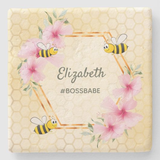 でこぼこ蜂イエローハニカムフローラおもしろいユーモア ストーンコースター (正面)