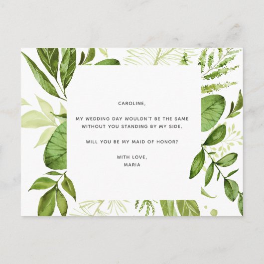 "です私のメイド・オブ・オーナー（花嫁付き添い人）か"。 提案カード 案内ポストカード (裏面)