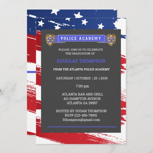 ～でのシンブルーライン旗警察官の卒業 招待状 (正面/裏面)