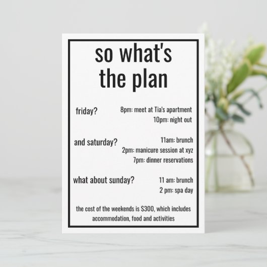 では、どんなプランにしようか。シンプルなデザインにちょっとした詳細を加えて 招待状 (スタンド正面)