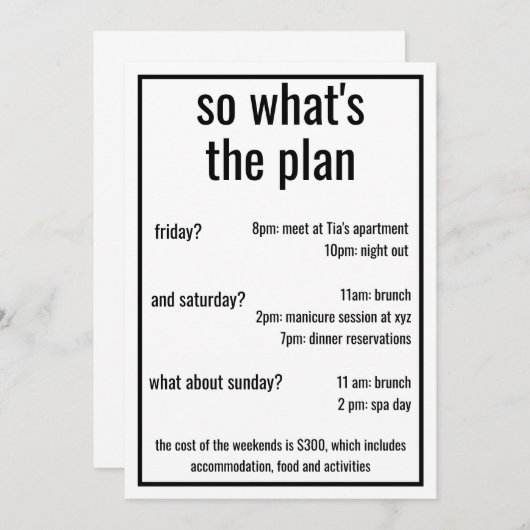 では、どんなプランにしようか。シンプルなデザインにちょっとした詳細を加えて 招待状 (正面/裏面)