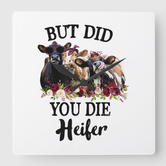 でも死んだのかハイファーなフラワー牛 スクエア壁時計 (正面)