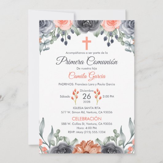 ～でエレガントの初聖餐式に彩られたサーモンスペインの 招待状 (正面)