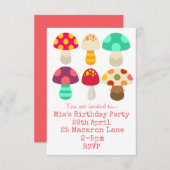 ~でカラフルのピンクマッシュルームの女の子の誕生日パーティー 招待状 (正面/裏面)