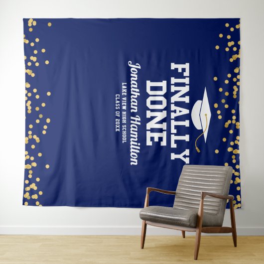 とうとう完成 ネイビーブルーの卒業パーティー背景 タペストリー (インサイチュ(横))