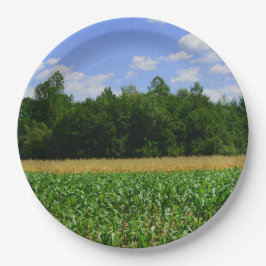 とうもろこしと小麦の畑と青空の農村風景 ペーパープレート