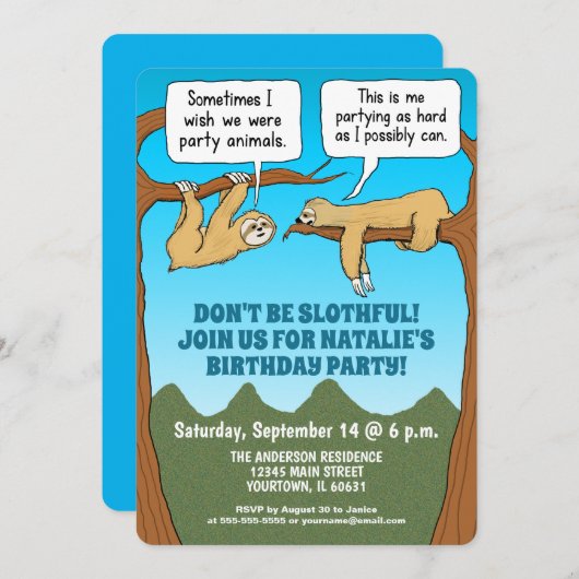 とかわいおもしろいいナマケモノの誕生パーティー 招待状 (正面/裏面)