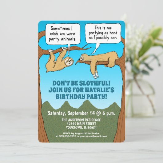 とかわいおもしろいいナマケモノの誕生パーティー 招待状 (スタンド正面)