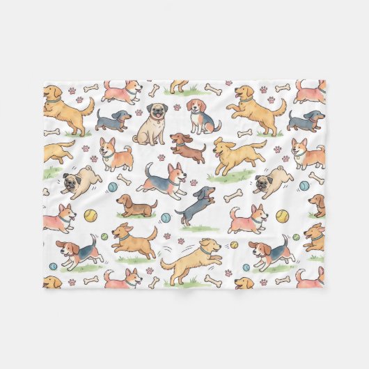 ところどころで遊ぶかわいい犬 フリースブランケット (正面(横))