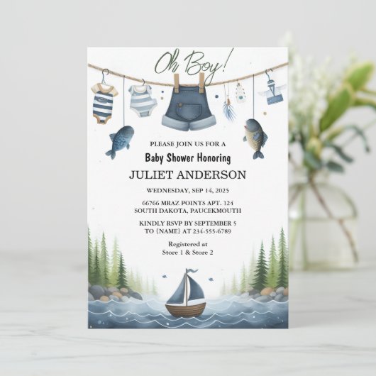 としてフックベイトおもしろい木材の小さな漁師の赤ちゃんシャワー 招待状 (スタンド正面)