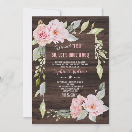 とってもかわいい、バラ色の花柄の木製ウェディング「I DO」 BBQ 招待状 (正面)