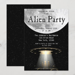 とってもクールなブラック＆ホワイトエイリアン＆UFOパーティーの招待状 招待状