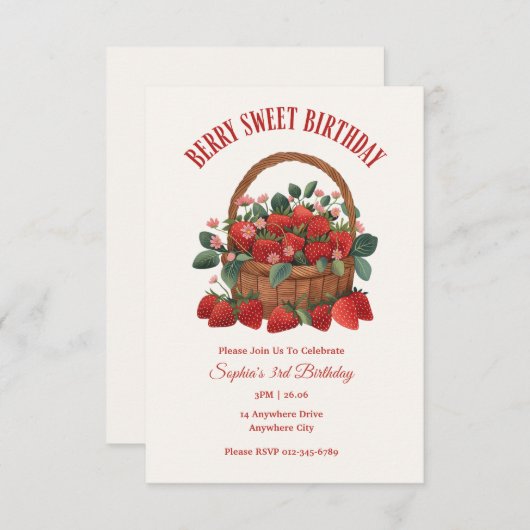 とってもスイートなイチゴのバスケットパーティー招待状 招待状 (正面/裏面)
