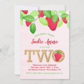 とってもスイートなストロベリー 2歳の誕生日 女の子 赤 緑 招待状 (正面)