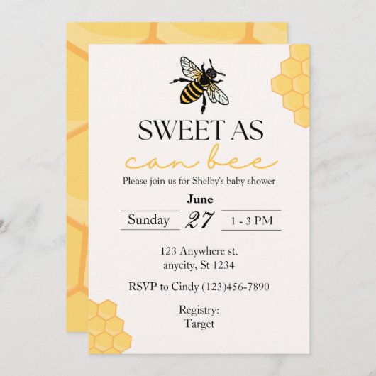 とってもスイートなハチのベイビーシャワー ハチをテーマにしたベイビーシャワーの招待状 招待状 (正面/裏面)