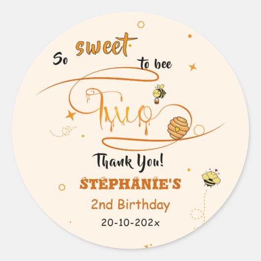 とってもスイート ツー キュート ハニー ハチ 2歳の誕生日 ラウンドシール (正面)