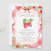 とってもスウィートなストロベリー レッドのギンガム ベイビー シャワー 招待状 (正面)