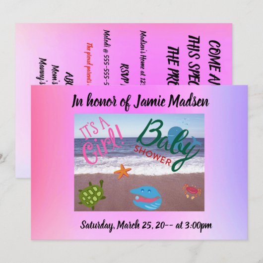 とっても可愛い海洋生物がテーマの女子ベビーシャワーなの♪ 招待状 (正面/裏面)