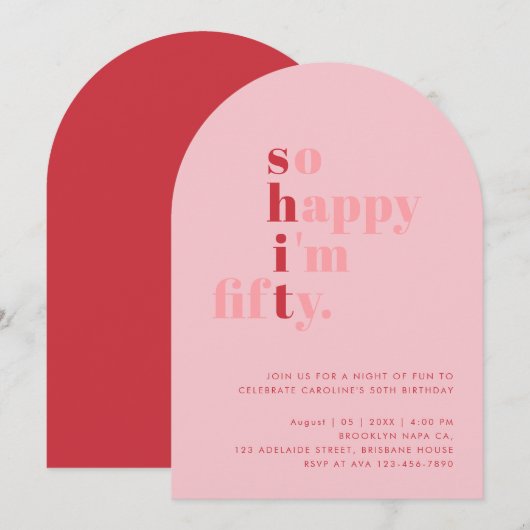 とっても嬉しい50歳の誕生日 | ピンクと赤のモダンな誕生日 招待状 (正面/裏面)