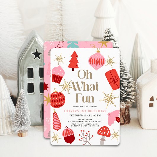 とっても楽しいクリスマスモチーフのピンク 1歳の誕生日 招待状