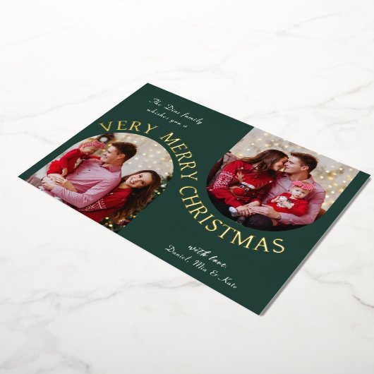 とっても楽しいクリスマス 緑の写真 フォイル ホリデー カード (回転した状態)