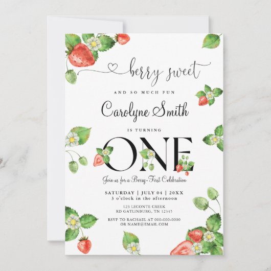 とっても甘いイチゴの1歳誕生日パーティー招待状 招待状 (正面)
